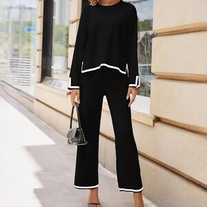 Tanming Women's Black 2 Piece Long Sleeve Knit Sweater Wide Leg Lounge Set